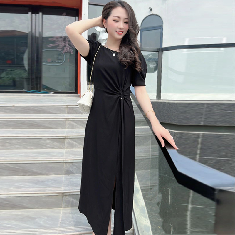 现货艾诺丝2023夏装专柜正品30429009开叉收腰气质修身黑色连衣裙