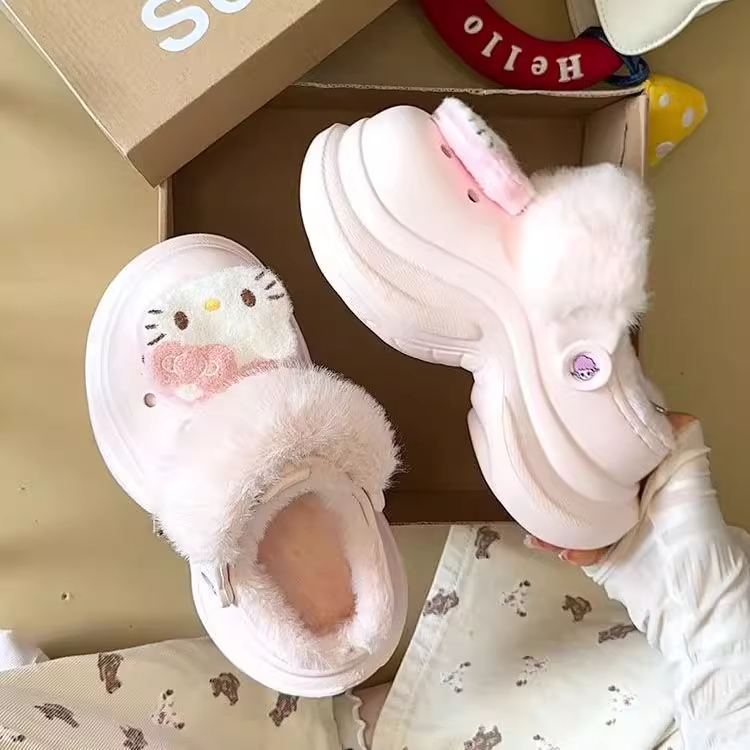 可爱卡通KT猫包头拖女2025秋冬新款时尚百搭厚底增高毛毛拖鞋保暖