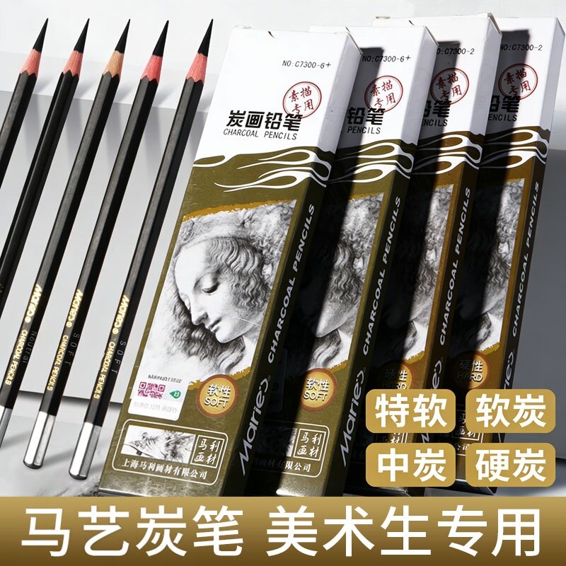 美术炭笔美术生专用软中硬素描铅笔碳笔软碳笔碳条速写工具碳铅笔绘画12比画笔16b全碳马特软艺术家利系列