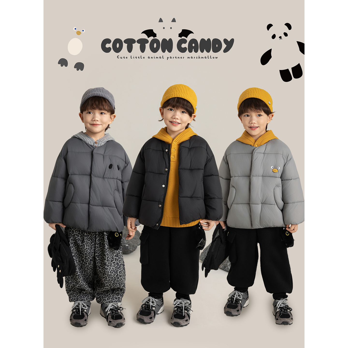 幼悠男童萌趣玩偶印花棉服冬季柔软亲肤轻盈蓬松厚实保暖休闲外套