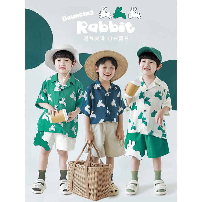 幼悠男童小兔数码印花衬衫翻折古巴领衬衣儿童绣标短裤两件套夏装使用感如何?