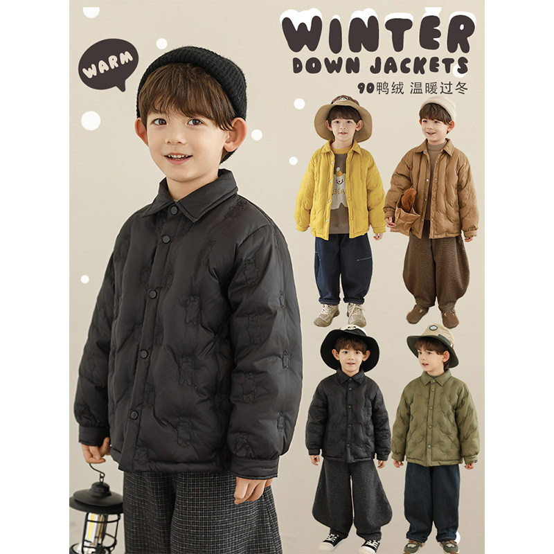 幼悠男童2024新款简洁翻领衬衫羽绒服冬季时尚宽松防风保暖外套潮