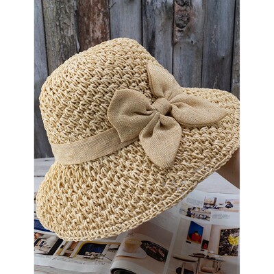 Handmade Straw Hat for Women Summer Fashion Bowknot Foldable