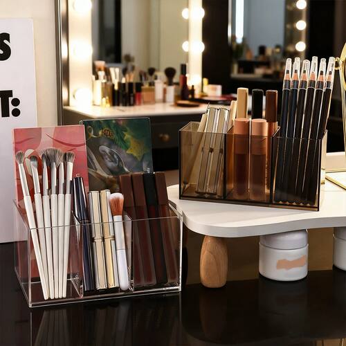 1pc Desktop Acrylic Transparent Makeup Brush Storage Box Org