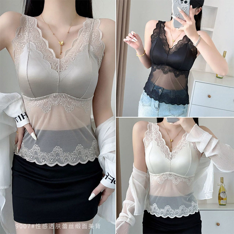轻奢缎面性感蕾丝宽肩美背吊带背心聚拢托胸显瘦打底自带bra内衣