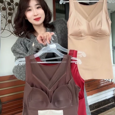 秋冬新品恒温蕾丝保暖背心带胸垫一体式加绒V领修身打底女士内衣