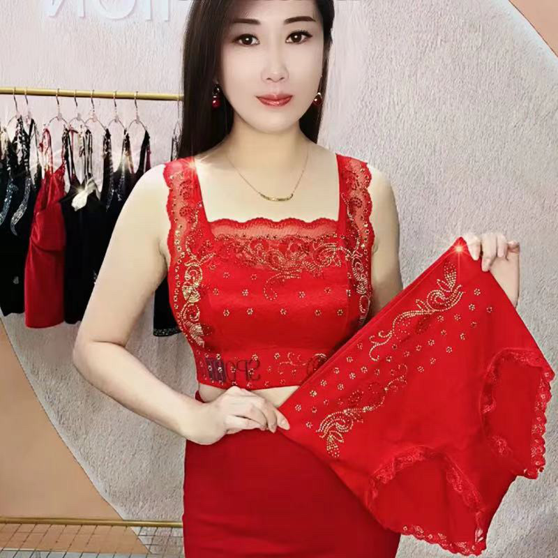 文胸套装蕾丝红色吊带背心大码无痕内裤美背带胸垫聚拢内衣女奶罩