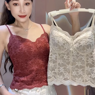 秋冬时尚法式马甲线蕾丝吊带内衣女性感V领磨毛保暖背心内搭上衣