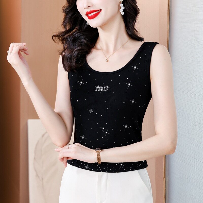 黑色冰丝显瘦背心女外穿夏大码胖mm显瘦遮肚内搭烫钻亮片洋气上衣