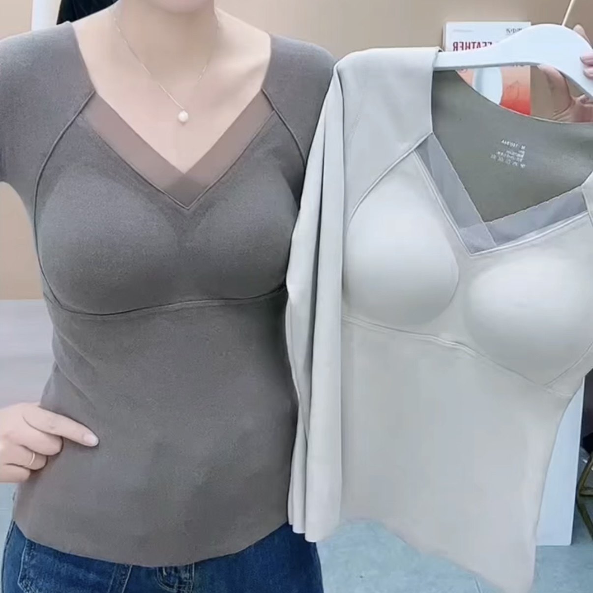网红新款石墨烯保暖无痕打底衫一体式免穿文胸加厚显瘦美体上衣