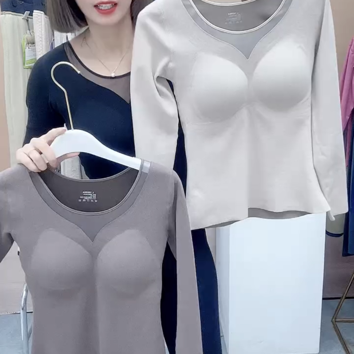 丽吻内衣旗舰店石墨烯保暖上衣女自带杯垫长袖无痕无钢圈免穿文胸