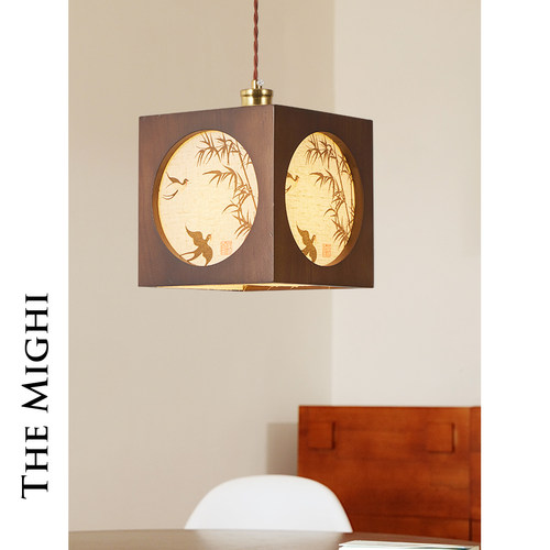 米极光影法式中古宋代美学实木方块床头吊灯国风新中式餐厅玄关灯