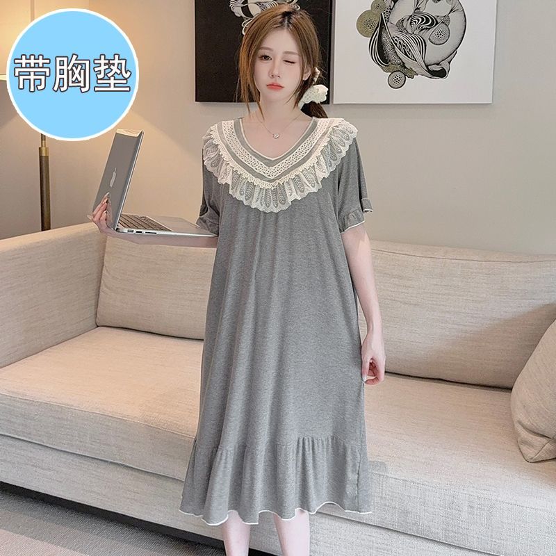 带胸垫睡衣女夏季莫代尔短袖宽松甜美公主风睡裙女蕾丝花边家居服