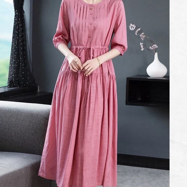 高端亚麻苎麻棉麻夏21新款女收腰显瘦薄款大码中长裙子连衣裙c 优聚宝
