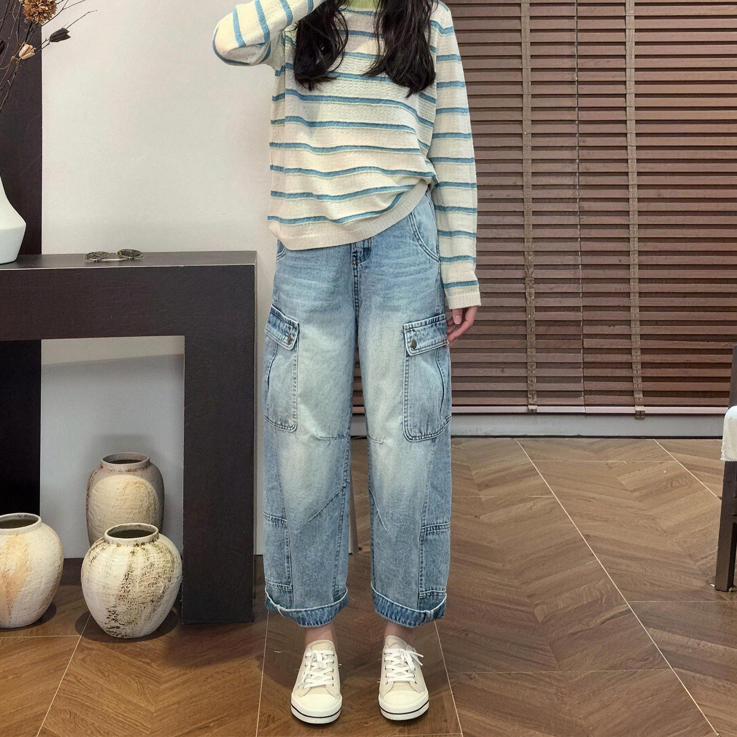 工装牛仔裤女夏季薄款2026新款小个子阔腿裤大尺码胖mm显瘦直筒裤