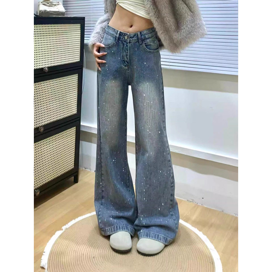大码满钻烫钻牛仔裤女春季新款胖牛仔裤