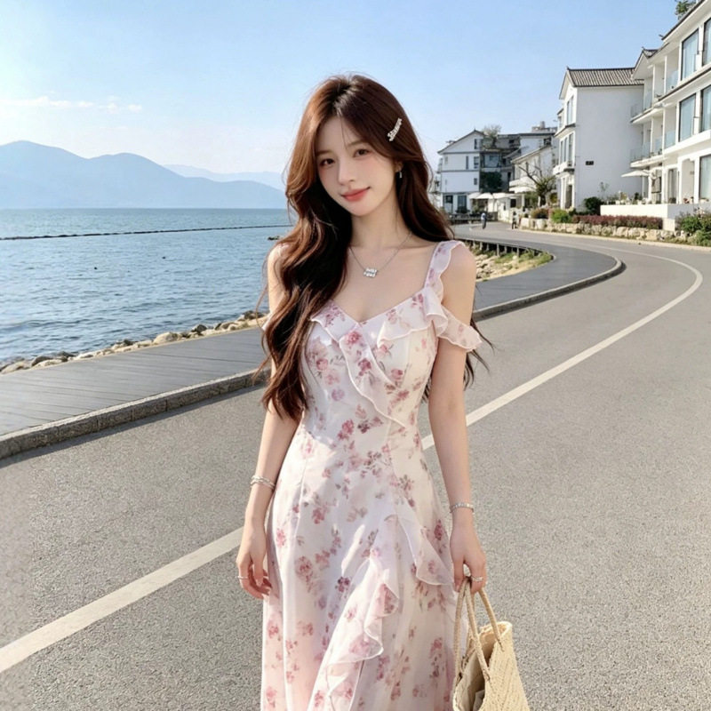 夏季新款女装露肩粉紫碎