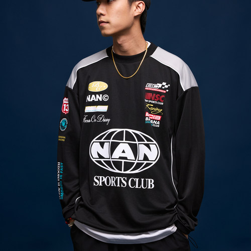 BananaClub 运动结构拼接吸湿速干复古赛车印花圆领长袖球衣T恤