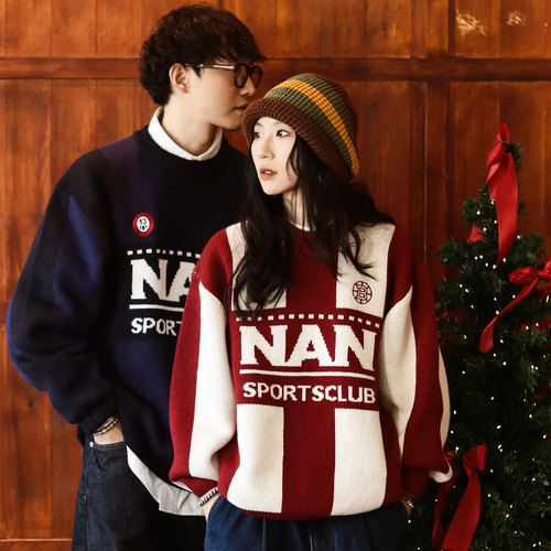 BananaClub拼接拼色慵懒运动球衣羊毛衫情侣宽松套头圆领条纹毛衣