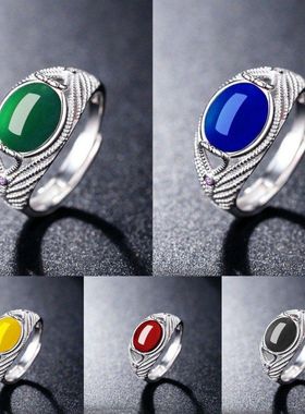镀白金色仿翡翠玛瑙戒指女款绿红宝石开口复古潮人玉指环生日礼物