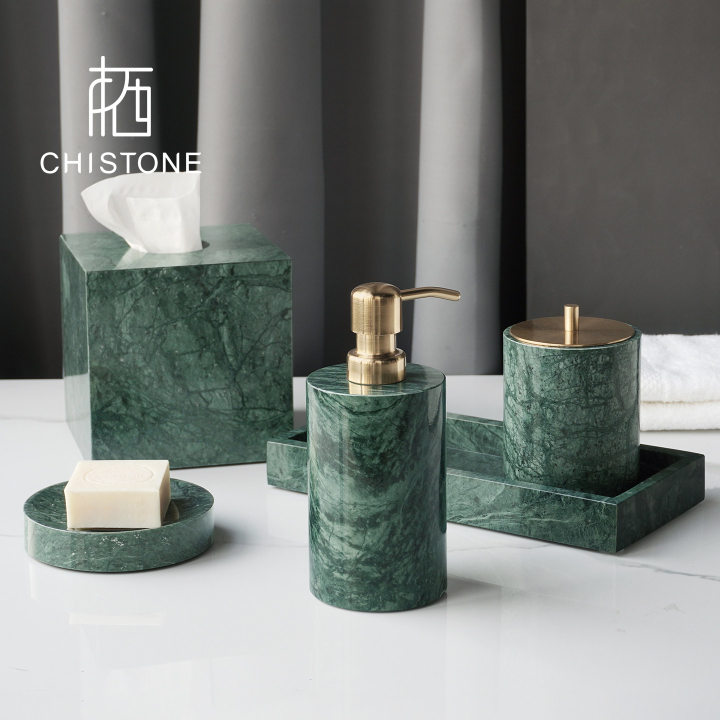 CHISTONE天然大理石浴室用品套件中古风新中式卫浴洗漱套装纸巾盒