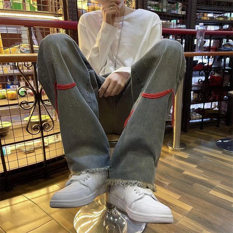 欧美vibe风裤子高街ins潮红线毛边牛仔裤男设计感小众复古拖地裤