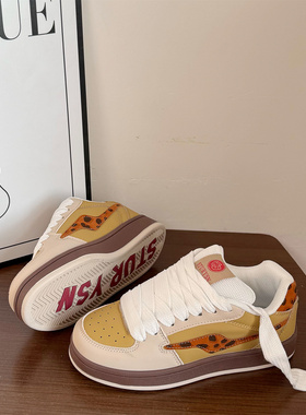 美式小众原创豹纹色面包鞋ins潮2025冬季新款板鞋百搭休闲小白鞋