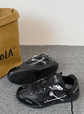 国潮原创黑色薄底德训鞋2025秋季网面透气情侣新款运动休闲鞋子男