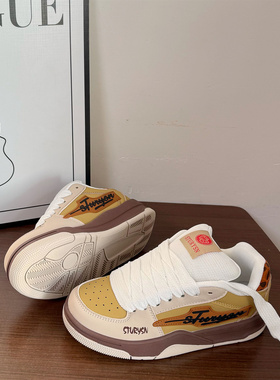 复古原创豹纹色面包鞋女ins2025新款韩版学生板鞋百搭休闲小白鞋