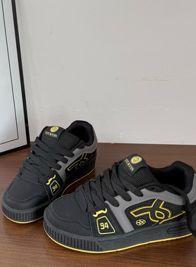 港风小众黑黄色板鞋女ins超火爆款百搭运动休闲鞋2025新款面包鞋