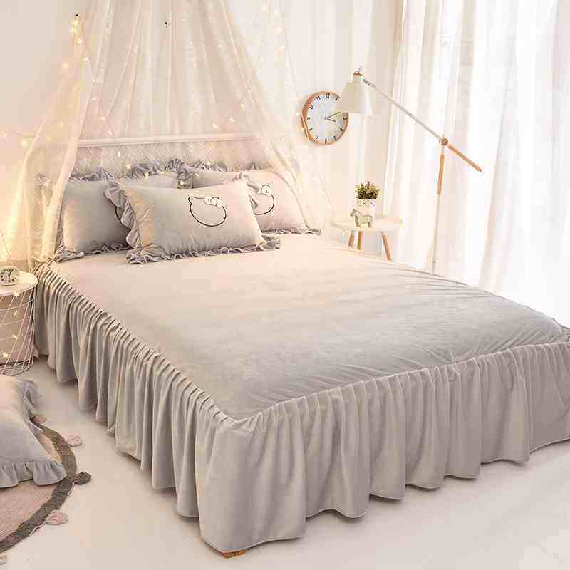 韩版牛奶绒纯色床裙床笠单件加厚保暖冬公主风单双人床罩床上用品