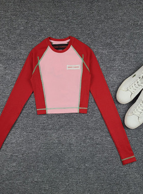 3897鱼 斯里兰卡产 撞色运动针织套头衫修身速干短款长袖运动上衣