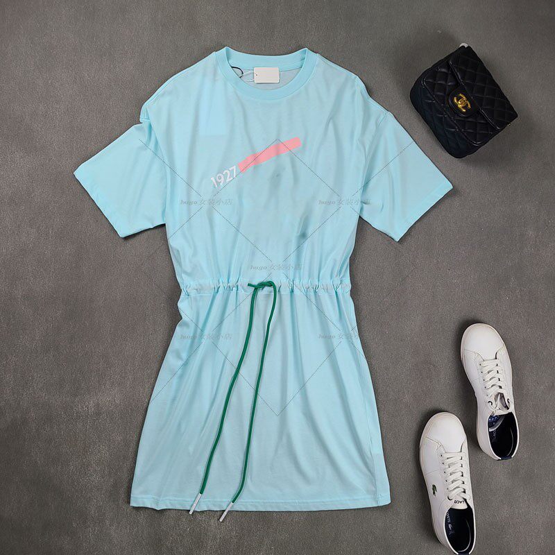 3829鱼 越南产 系列款夏新腰间抽绳收腰连衣裙 T恤短袖薄荷绿中裙