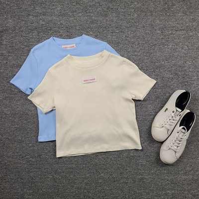 4584鱼 弹力修身夏日短袖针织衫 马卡龙色刺绣鱼 套头短款T恤上衣