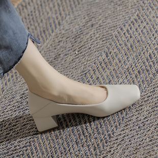 粗跟单鞋女秋2025新款方头中跟职业高跟鞋软底百搭鞋子面试工作鞋