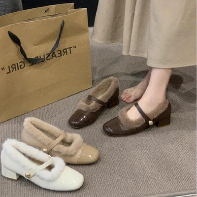 玛丽珍粗跟毛毛加绒百搭单鞋新款