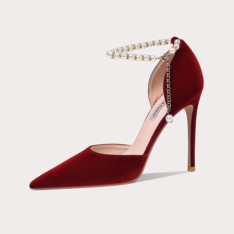 [鸿运当头]红色高跟鞋凉鞋细跟小码女鞋2023新款珍珠百搭包头绑带