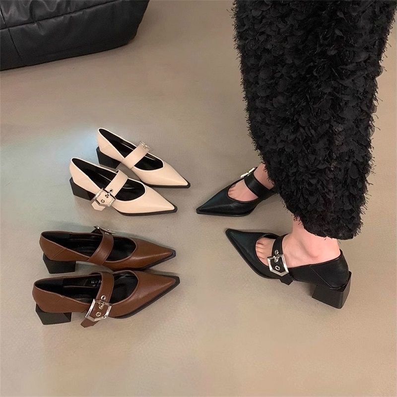 粗跟复古尖头浅口单鞋2024秋新款