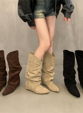 内增高黑色绒面堆堆中筒骑士靴女鞋2025春秋冬季尖头复古长筒长靴