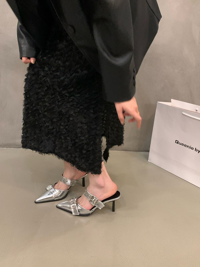 小众设计感包头半拖鞋女鞋子外穿2025年新款春秋高跟法式银色凉拖