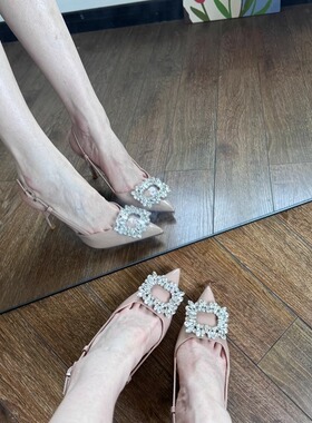 2025新款黑色水钻高跟鞋女细跟尖头气质法式单鞋一字带包头凉鞋