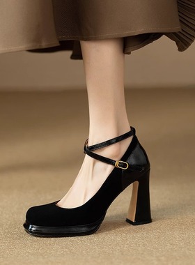 黑色法式复古高跟鞋女粗跟婚鞋玛丽珍2025新款交叉带方头浅口单鞋