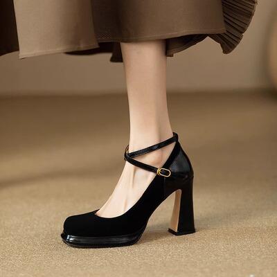 单鞋粗跟交叉带方头高跟鞋新款女