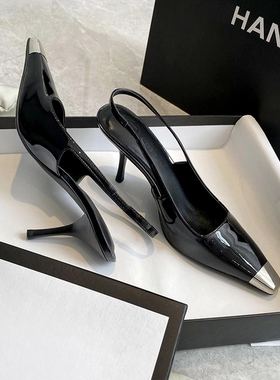 rose朴彩英同款高跟鞋女漆皮黑色铁头女鞋细跟性感小方头包头凉鞋