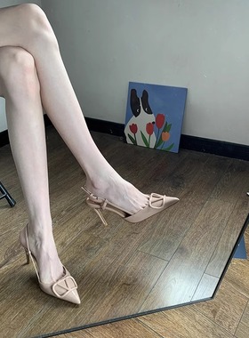 2025春秋新款气质尖头百搭细跟高跟鞋裸色单鞋后空包头凉鞋女