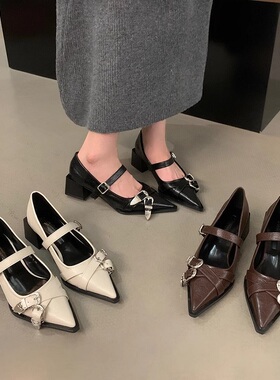 粗跟复古黑色尖头单鞋女鞋子2025新款秋冬季法式玛丽珍晚晚小皮鞋