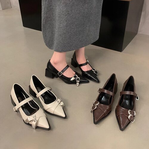 粗跟复古尖头玛丽珍单鞋新款