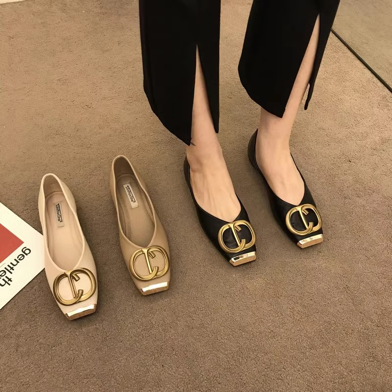 法式百搭金属方头单鞋女2023新款