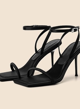 一字带黑色凉鞋女2025年新款夏季百搭高跟鞋女设计感小众气质名媛