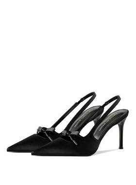 黑色百搭甜美蝴蝶结女士高跟鞋2025夏季新款包头后空尖头高跟凉鞋